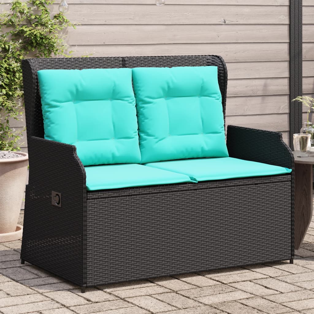 vidaXL Reclining Patio Bench with Cushions Black Poly Rattan-0