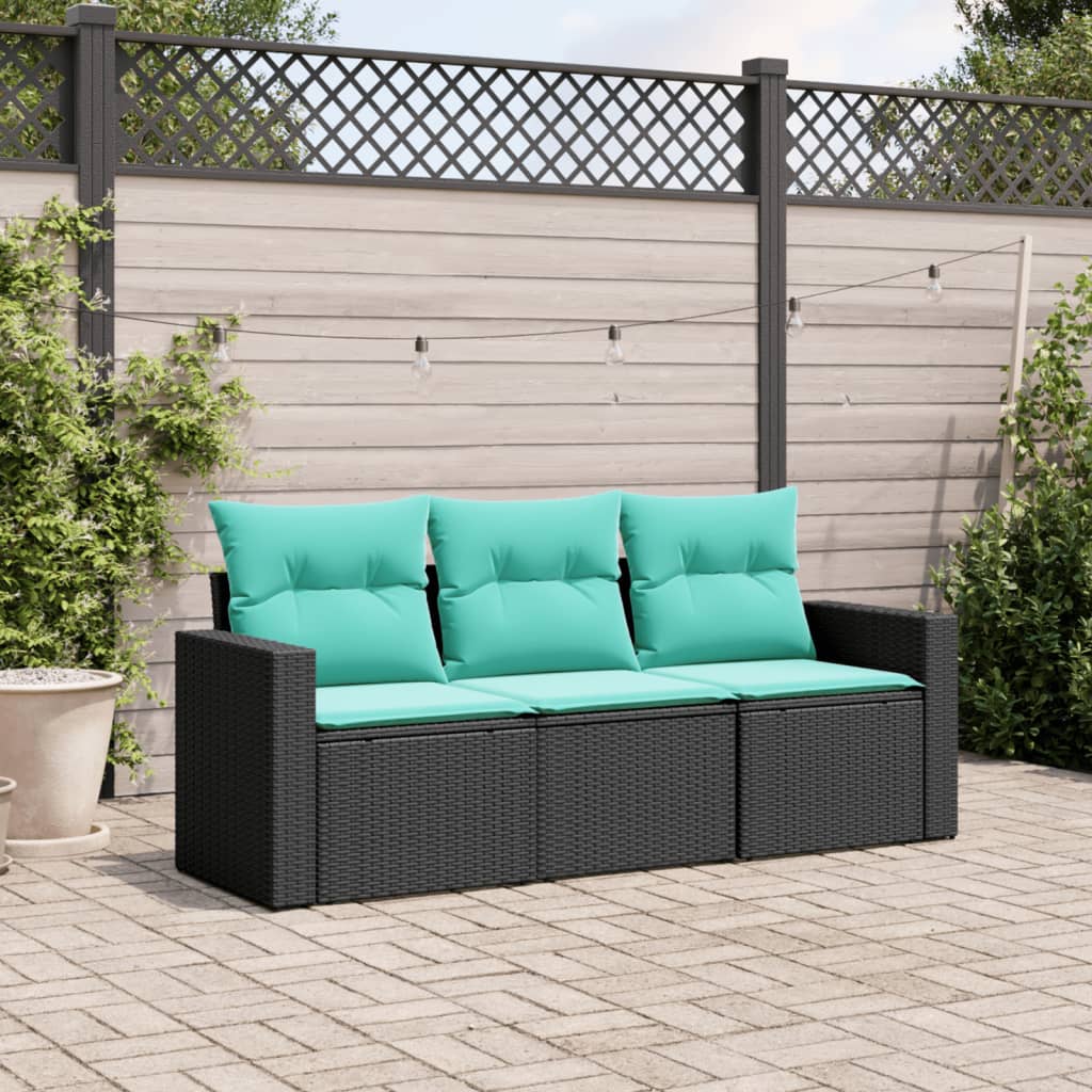 vidaXL 3 Piece Patio Sofa Set with Cushions Black Poly Rattan-0