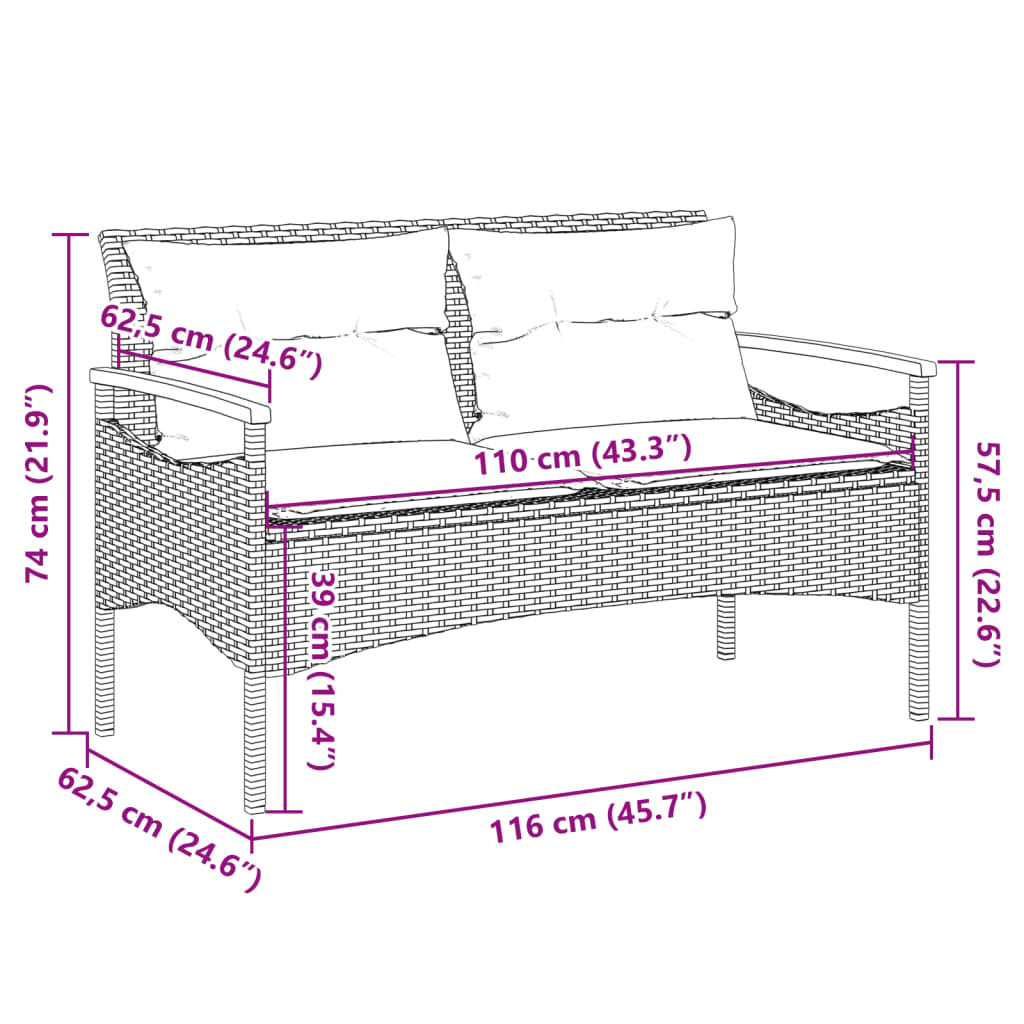 vidaXL Patio Bench with Cushions 45.7"x24.6"x29.1" Black Poly Rattan-3