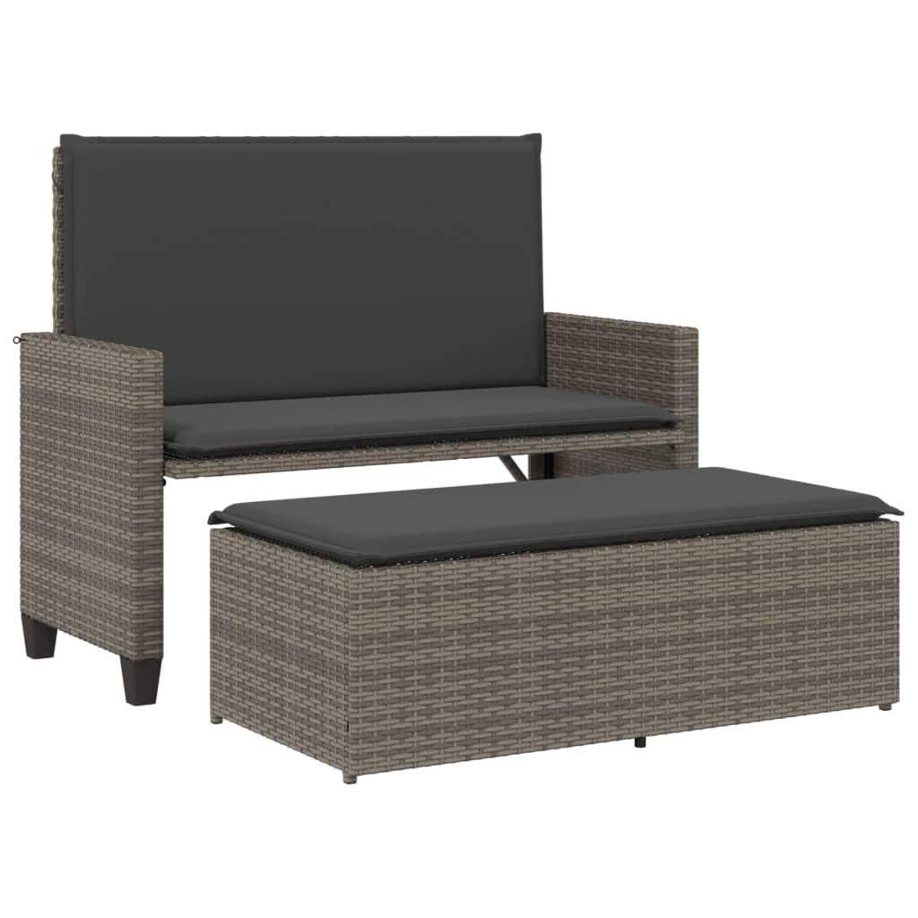 vidaXL Patio Bench with Cushions and Footstool Gray Poly Rattan-2