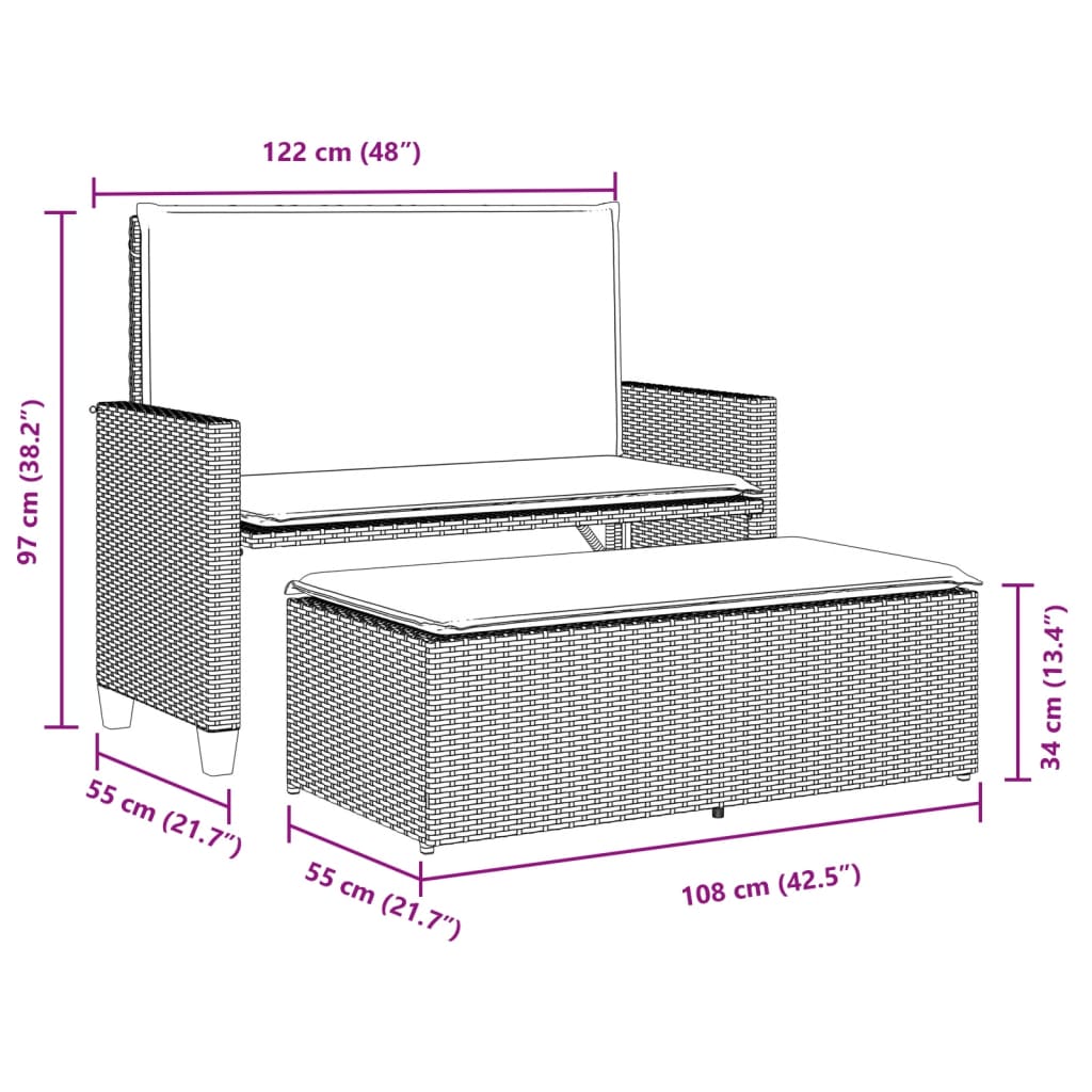 vidaXL Patio Bench with Cushions and Footstool Gray Poly Rattan-4