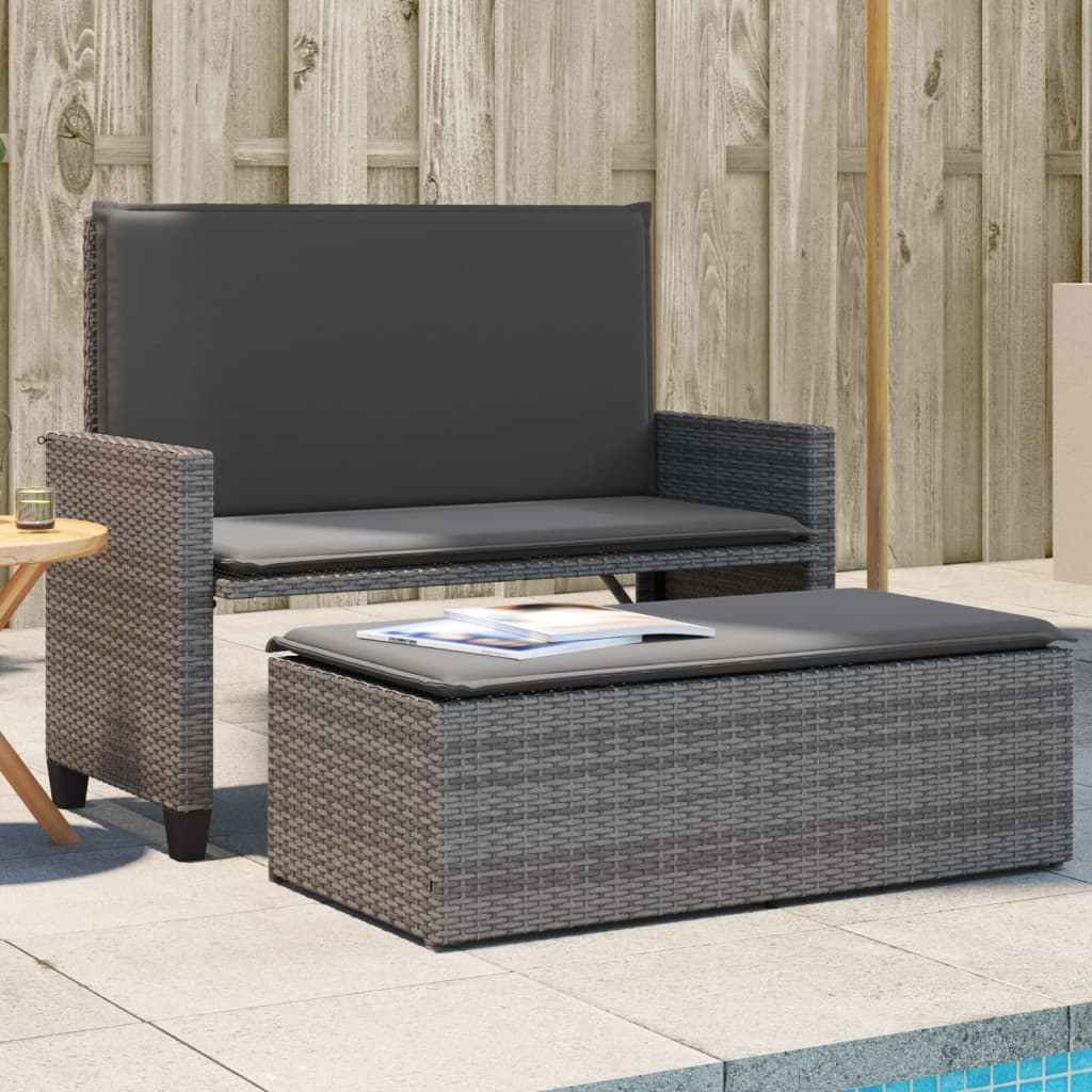 vidaXL Patio Bench with Cushions and Footstool Gray Poly Rattan-0