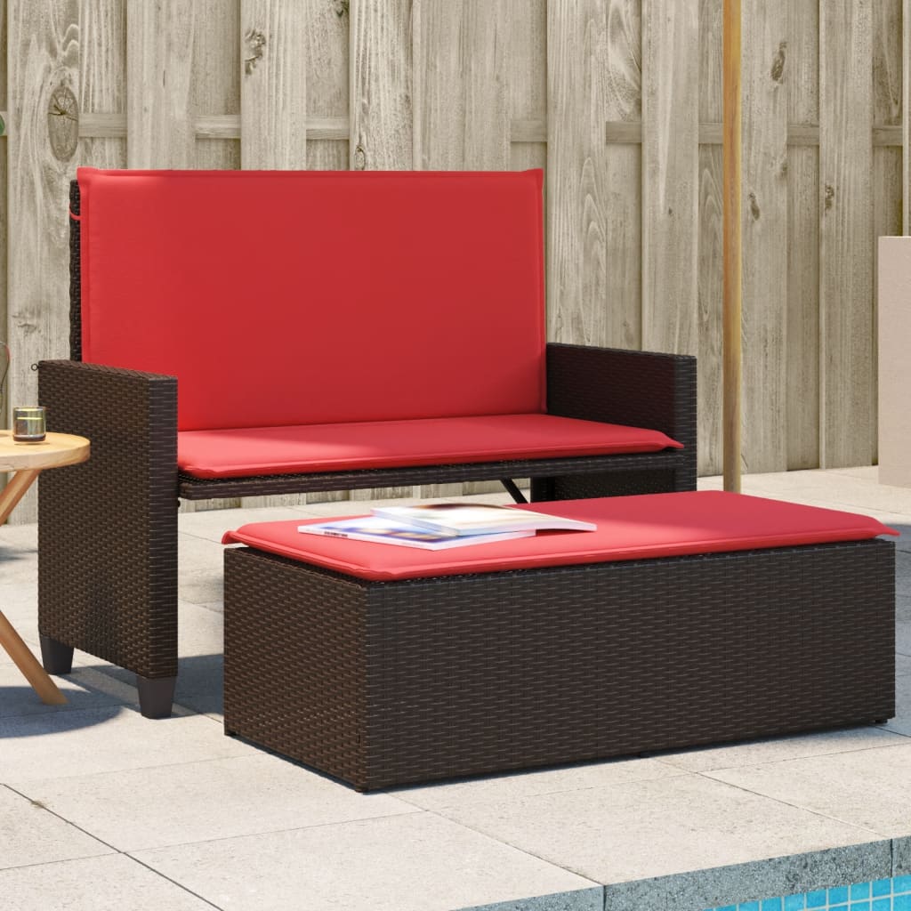 vidaXL Patio Bench with Cushions and Footstool Poly Rattan Brown/Gray/Black-5