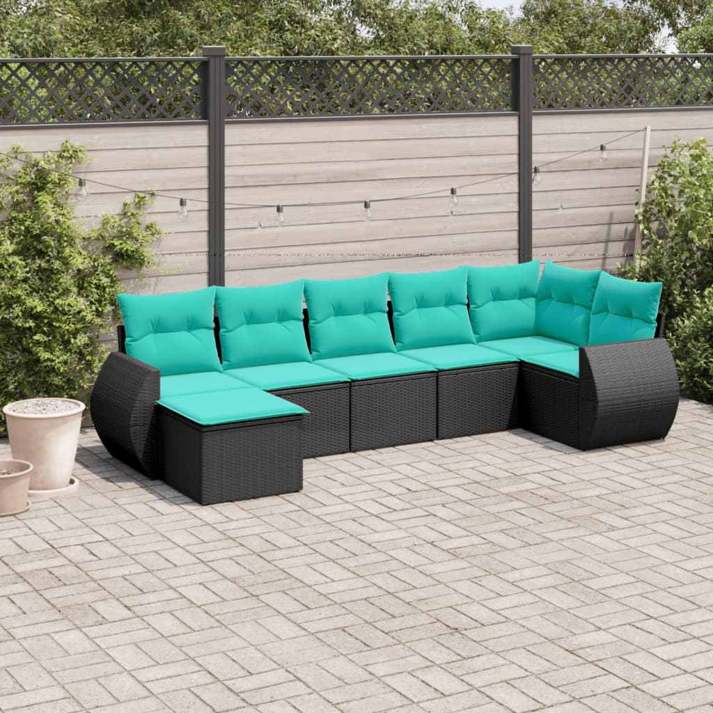 vidaXL 7 Piece Patio Sofa Set with Cushions Black Poly Rattan-0