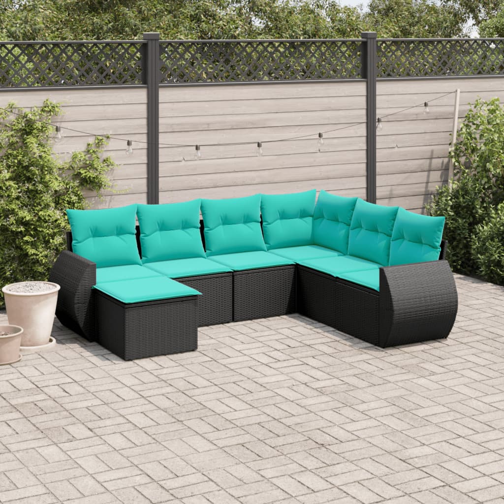 vidaXL 7 Piece Patio Sofa Set with Cushions Black Poly Rattan-0