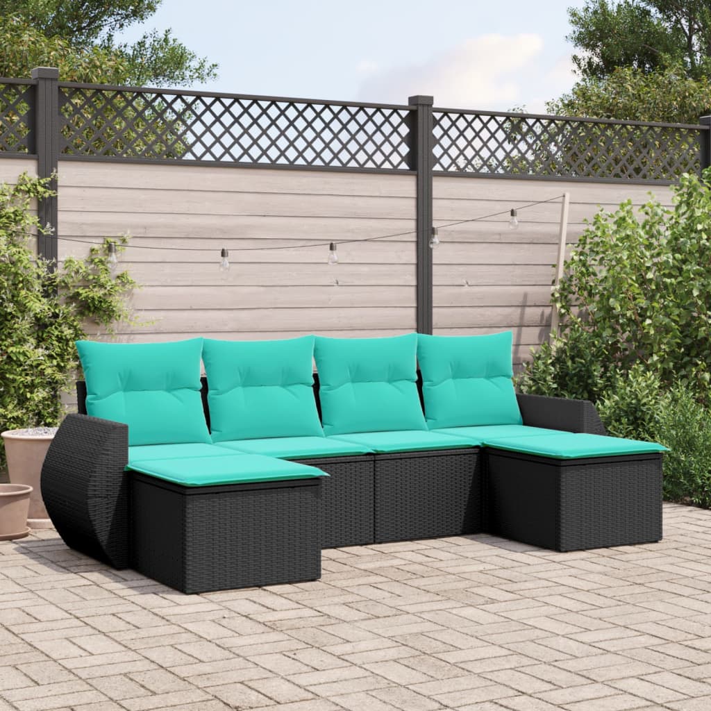 vidaXL 6 Piece Patio Sofa Set with Cushions Black Poly Rattan-0