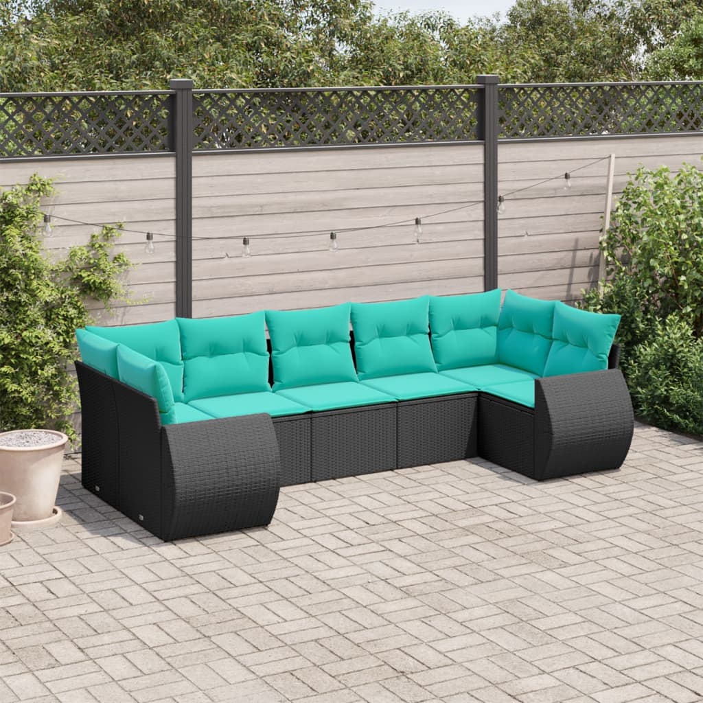 vidaXL 7 Piece Patio Sofa Set with Cushions Black Poly Rattan-0