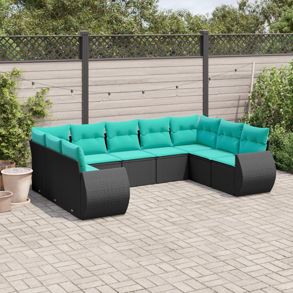 vidaXL 9 Piece Patio Sofa Set with Cushions Black Poly Rattan-0