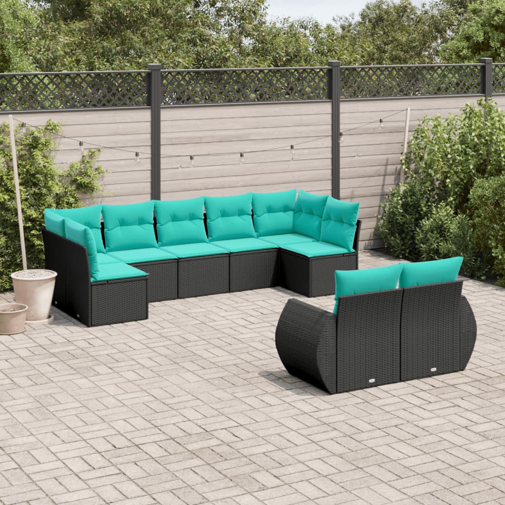 vidaXL 9 Piece Patio Sofa Set with Cushions Black Poly Rattan-0