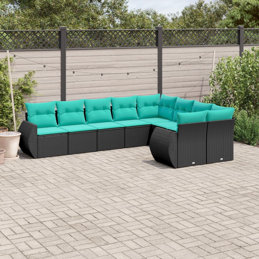 vidaXL 9 Piece Patio Sofa Set with Cushions Black Poly Rattan-0