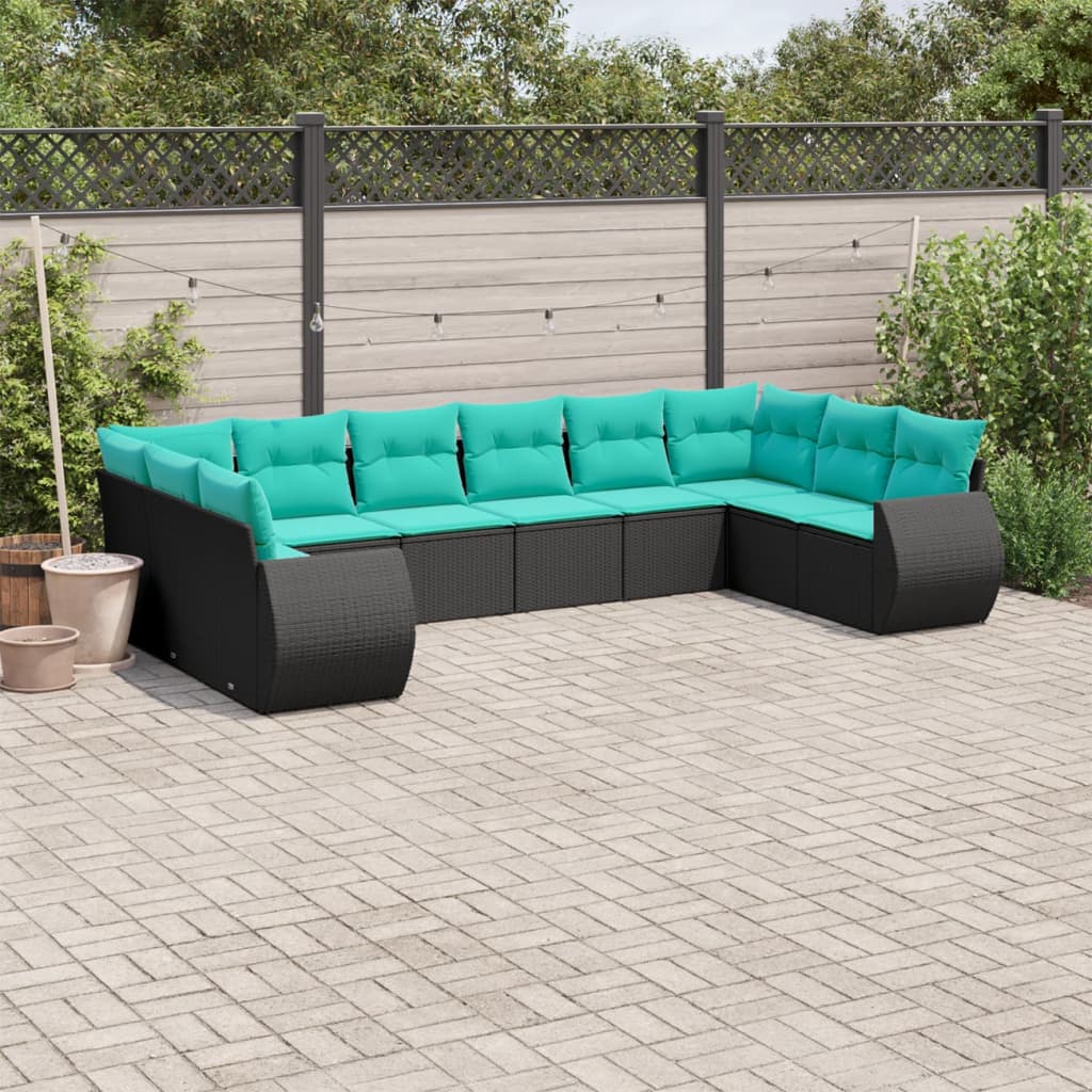 vidaXL 10 Piece Patio Sofa Set with Cushions Black Poly Rattan-0