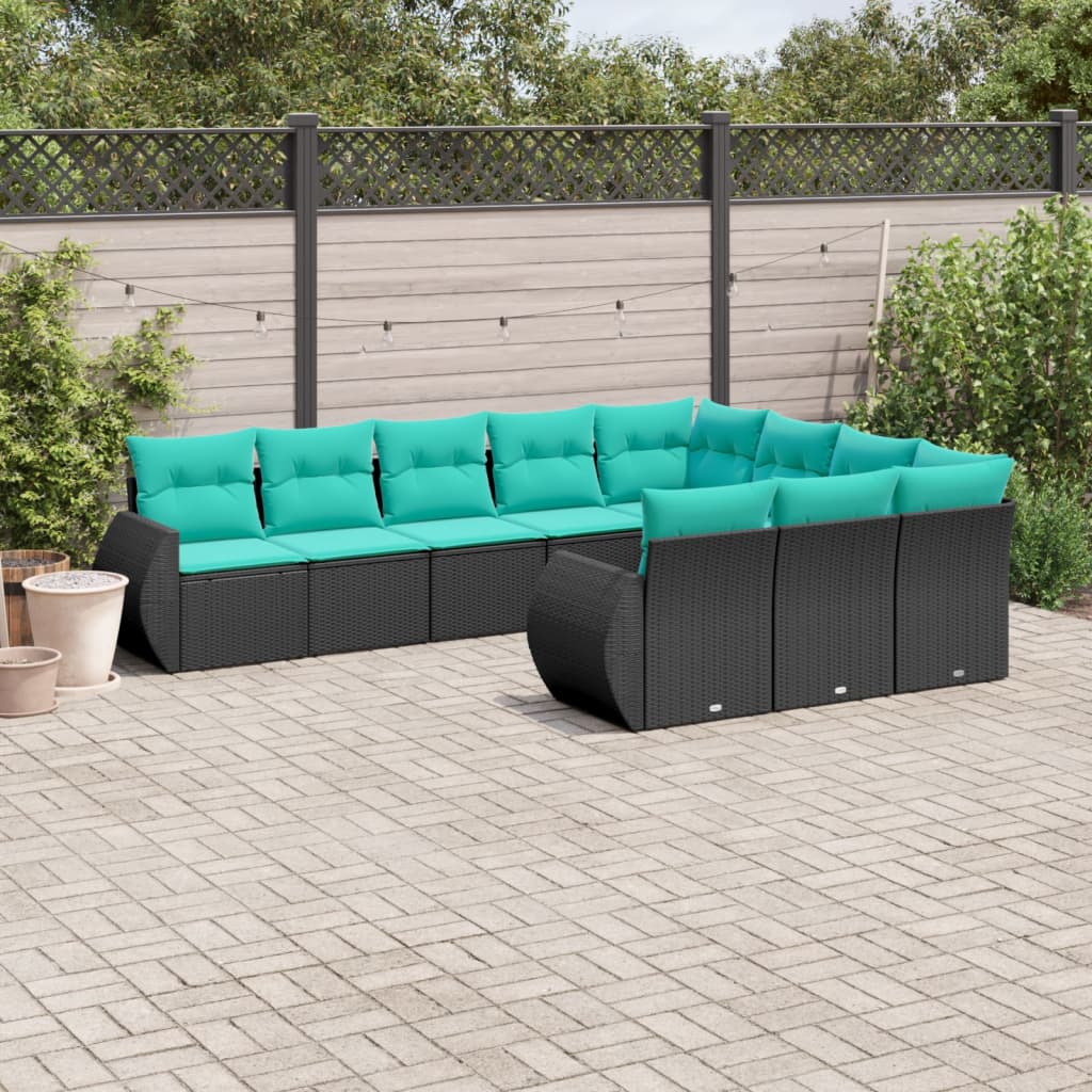 vidaXL 10 Piece Patio Sofa Set with Cushions Black Poly Rattan-0