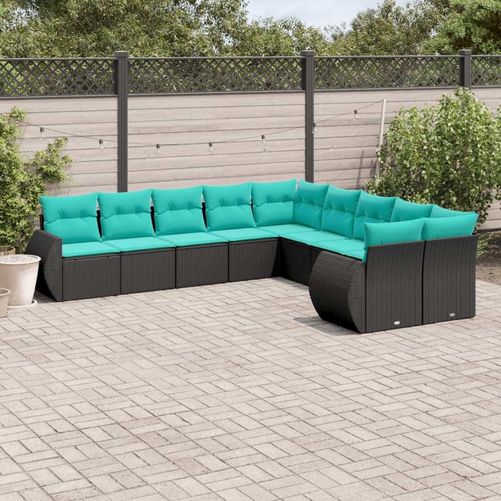 vidaXL 10 Piece Patio Sofa Set with Cushions Black Poly Rattan-0