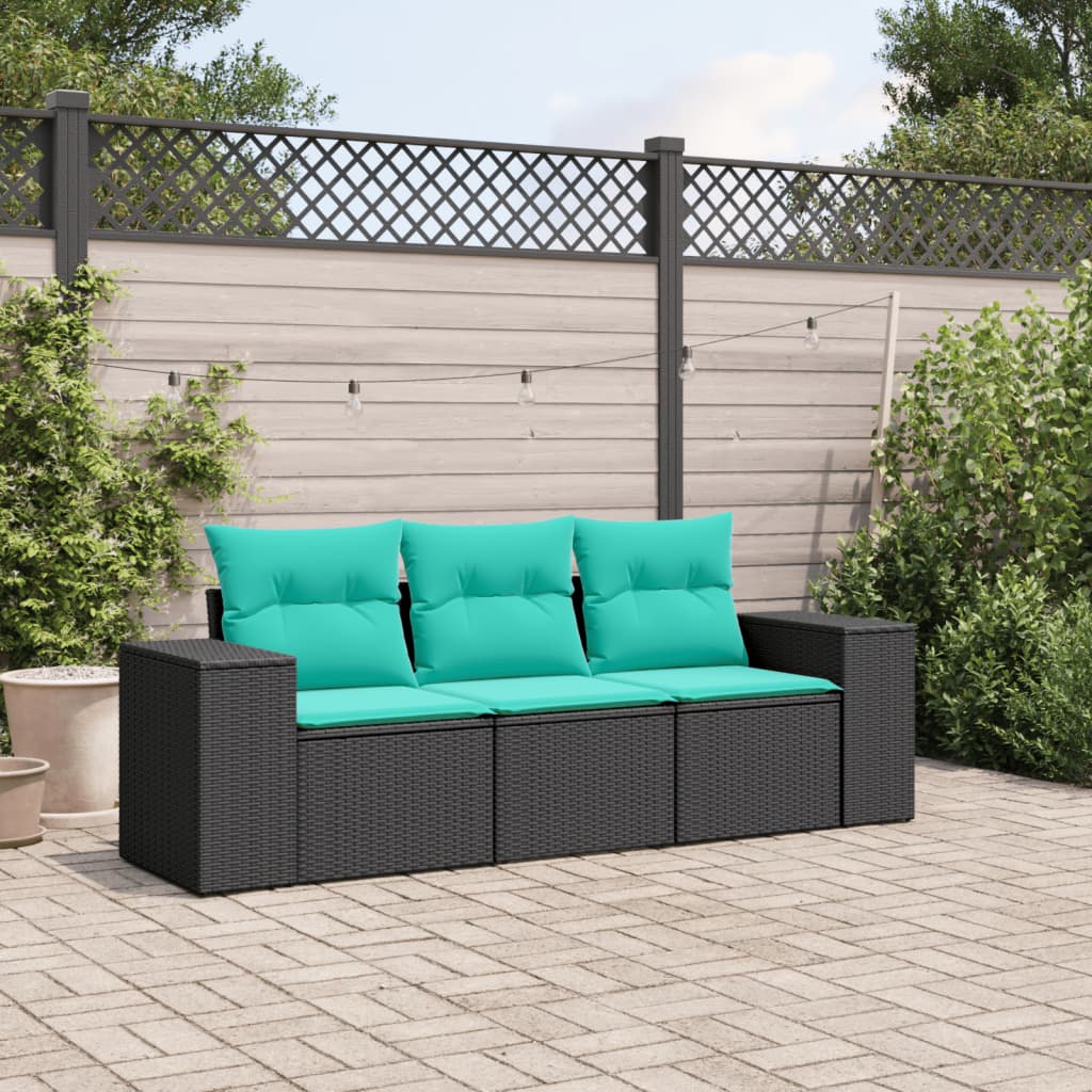 vidaXL 3 Piece Patio Sofa Set with Cushions Black Poly Rattan-0