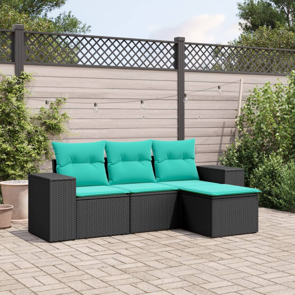 vidaXL 4 Piece Patio Sofa Set with Cushions Black Poly Rattan-0