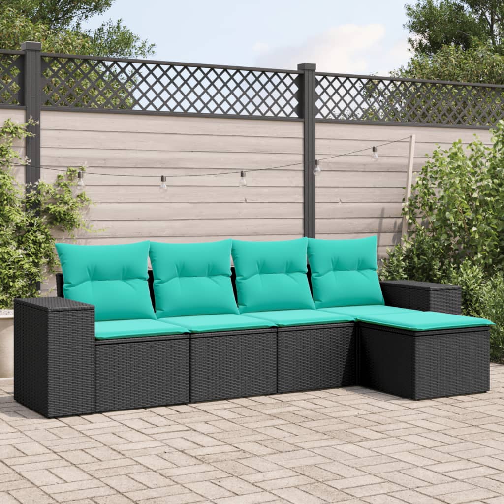 vidaXL 5 Piece Patio Sofa Set with Cushions Black Poly Rattan-0