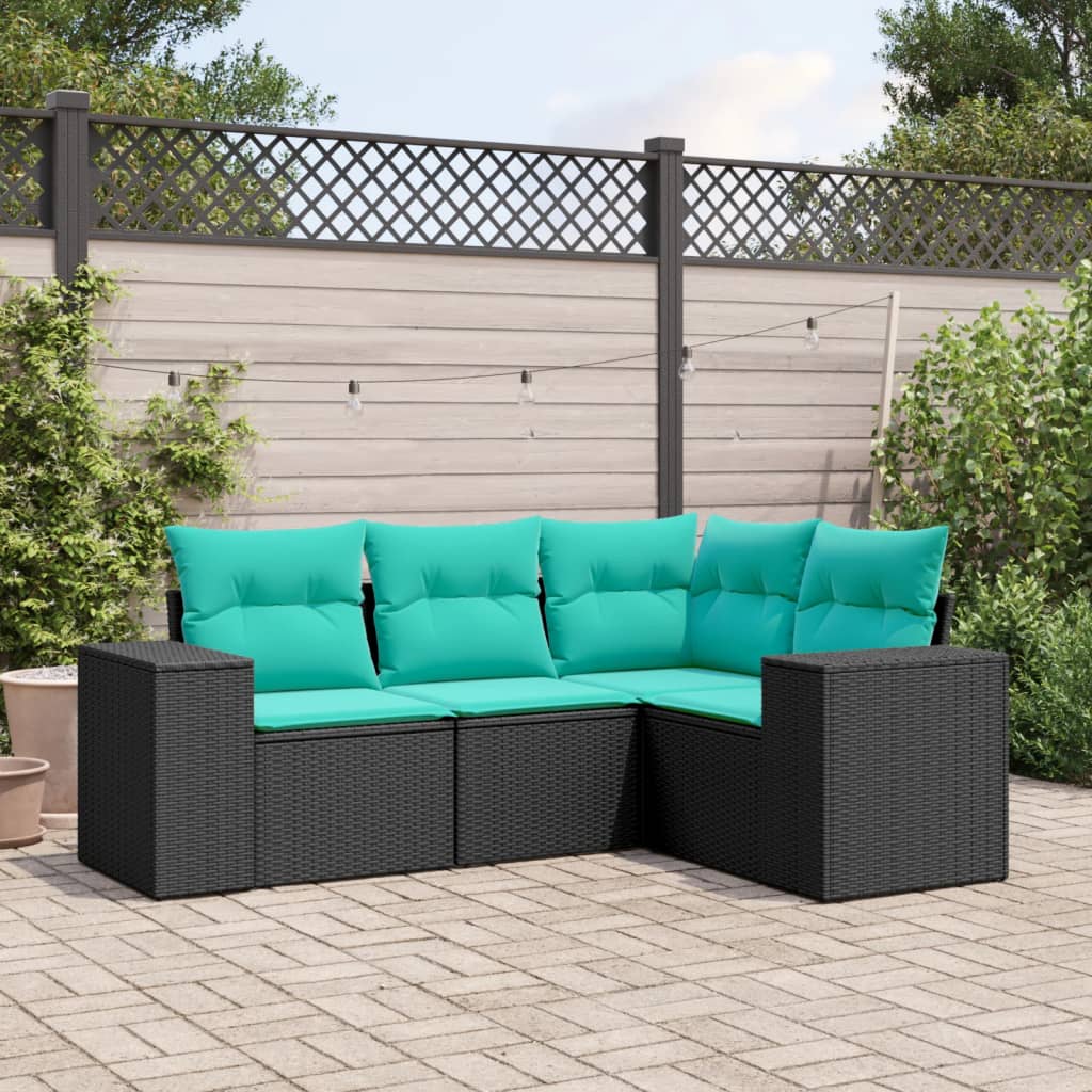 vidaXL 4 Piece Patio Sofa Set with Cushions Black Poly Rattan-0