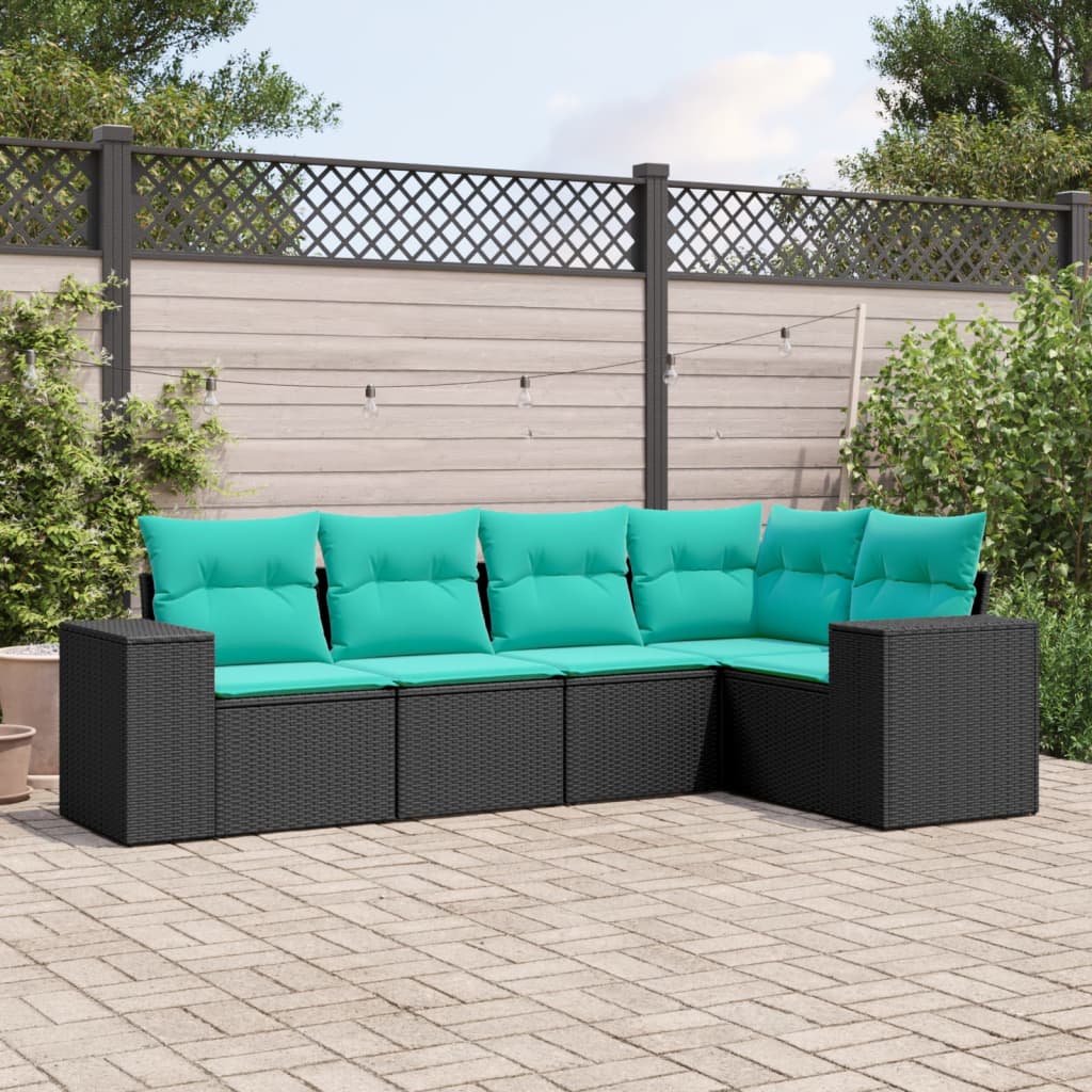 vidaXL 5 Piece Patio Sofa Set with Cushions Black Poly Rattan-0