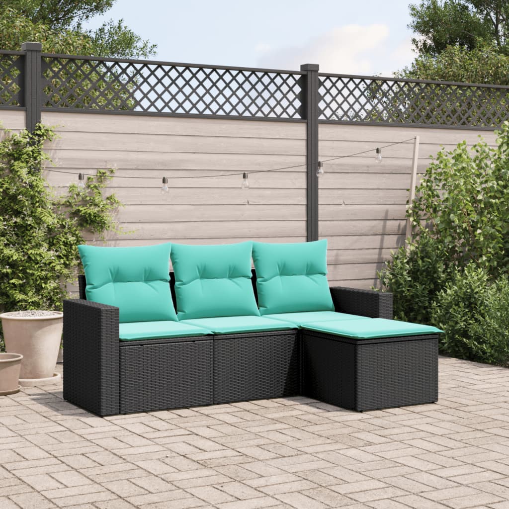 vidaXL 4 Piece Patio Sofa Set with Cushions Black Poly Rattan-0