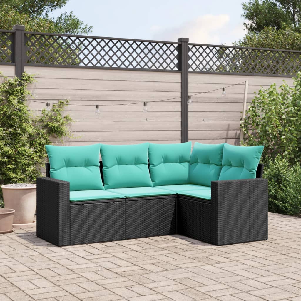 vidaXL 4 Piece Patio Sofa Set with Cushions Black Poly Rattan-0