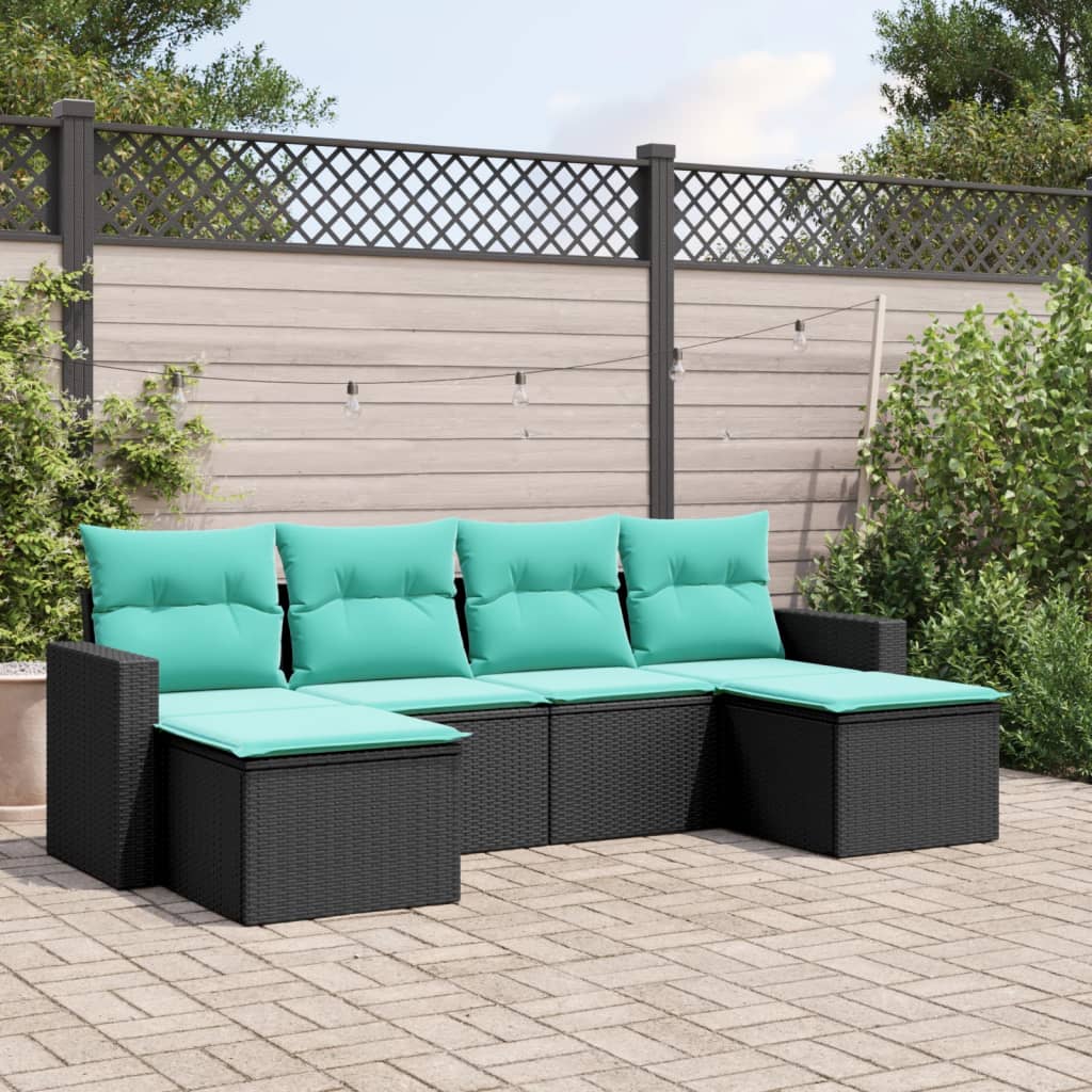 vidaXL 6 Piece Patio Sofa Set with Cushions Black Poly Rattan-0