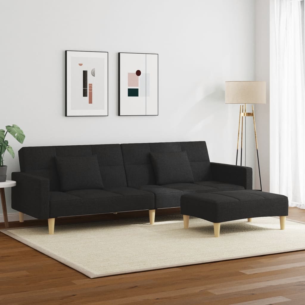 vidaXL 2-Seater Sofa Bed with Footstool Black Fabric-1