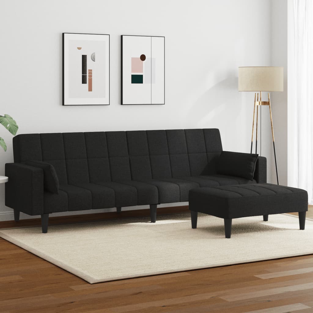 vidaXL 2-Seater Sofa Bed with Footstool Black Fabric-5