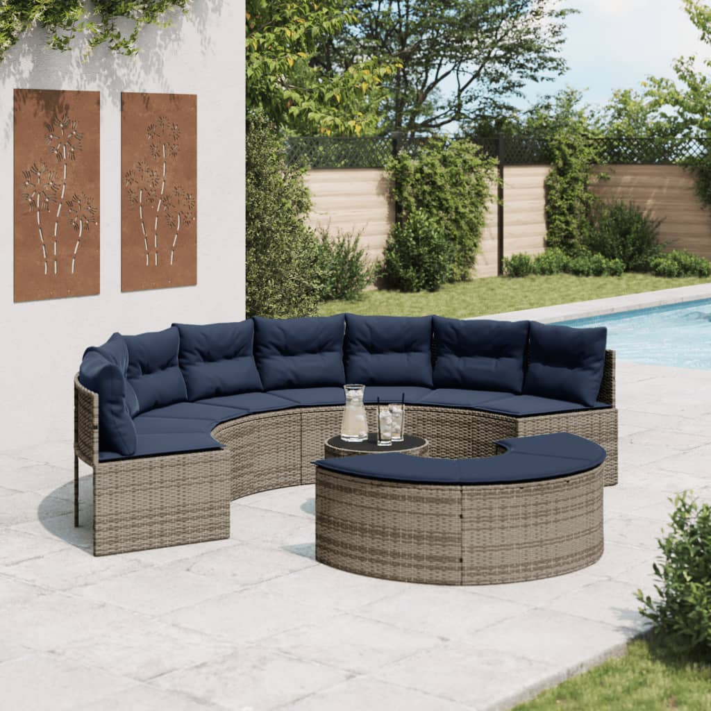 vidaXL 3 Piece Patio Sofa Set Half-Round Gray Poly Rattan-0