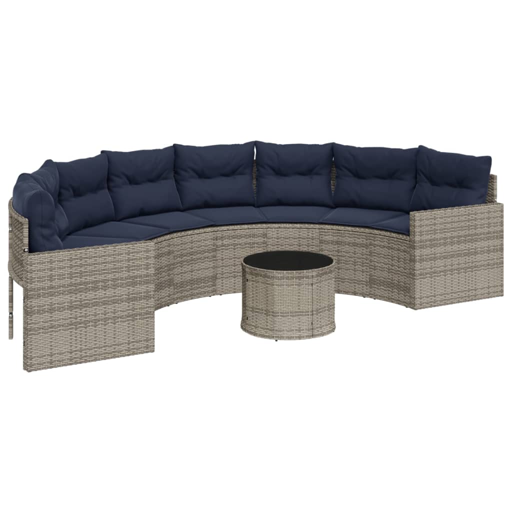 vidaXL Patio Sofa with Table and Cushions Half-Round Gray Poly Rattan-1