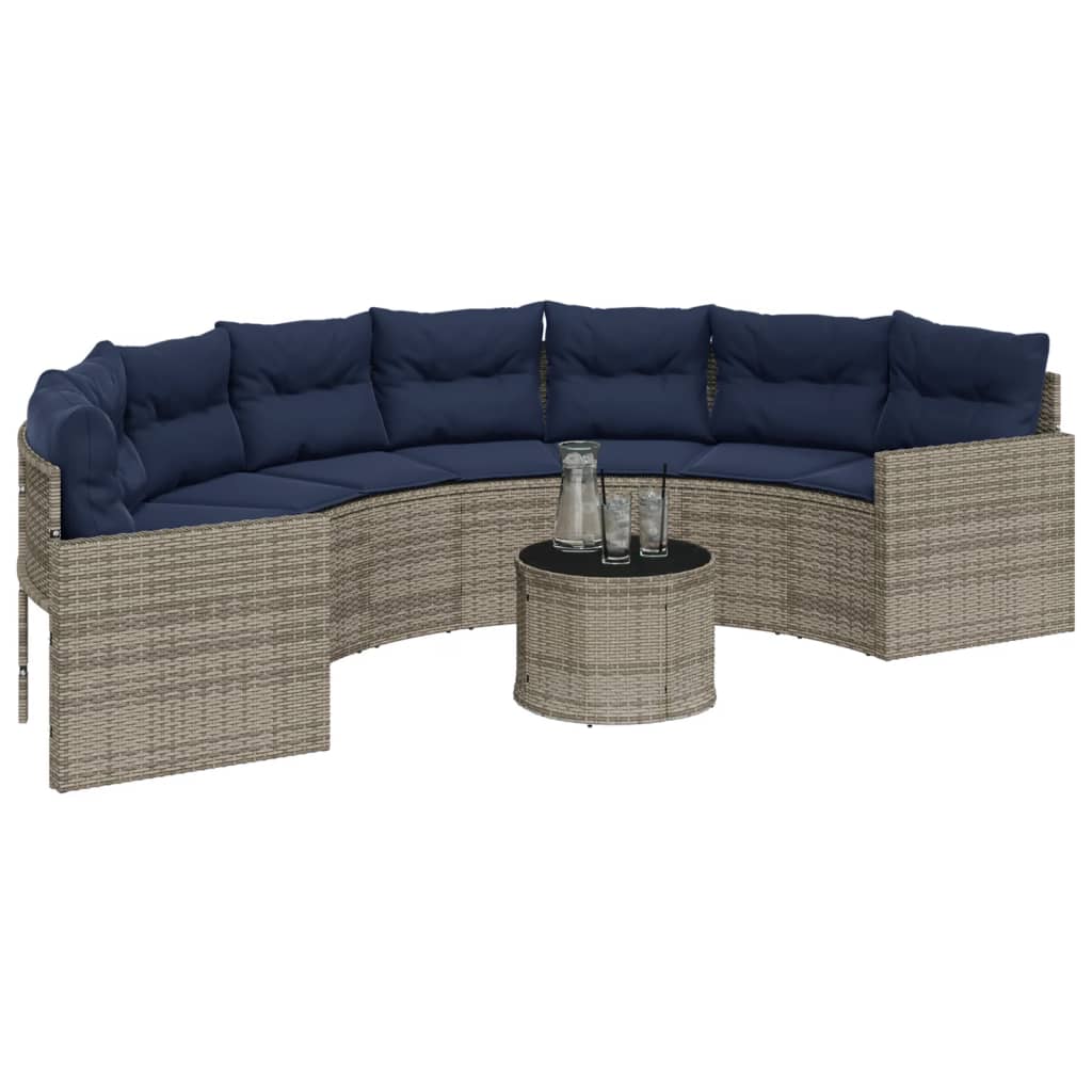 vidaXL Patio Sofa with Table and Cushions Half-Round Gray Poly Rattan-2