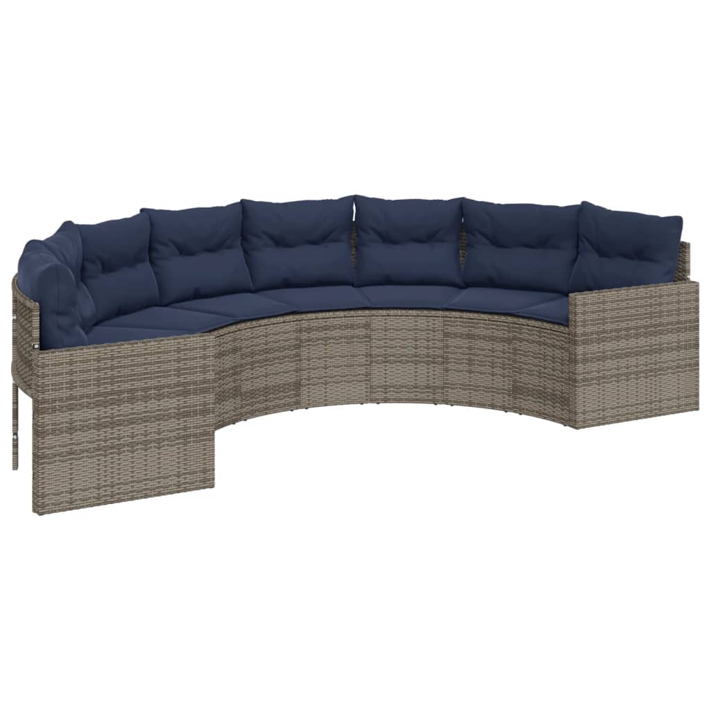 vidaXL Patio Sofa with Table and Cushions Half-Round Gray Poly Rattan-3