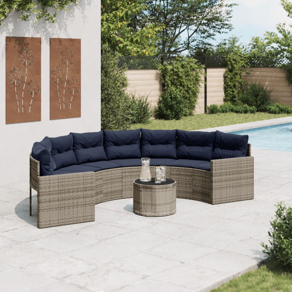 vidaXL Patio Sofa with Table and Cushions Half-Round Gray Poly Rattan-0