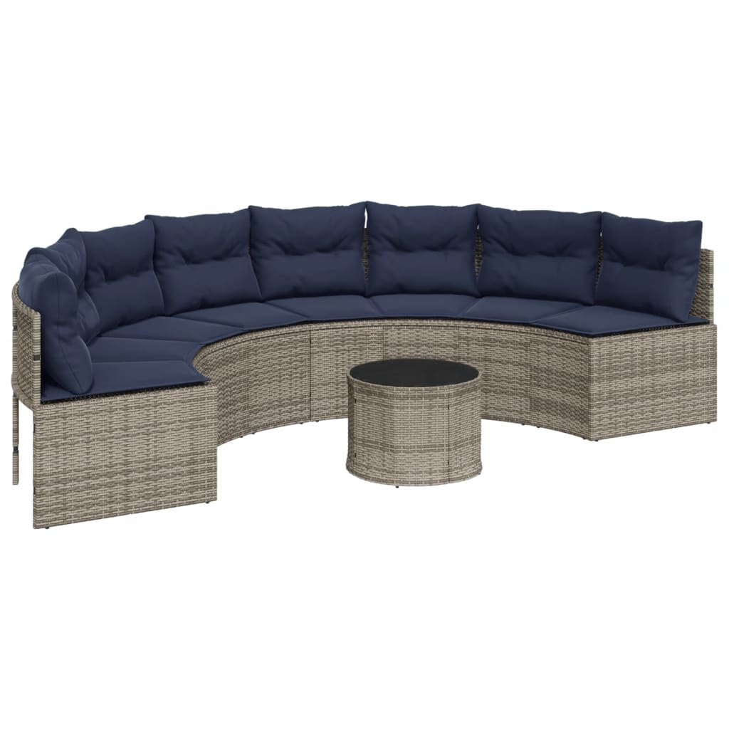 vidaXL Patio Sofa with Table and Cushions Half-Round Gray Poly Rattan-1