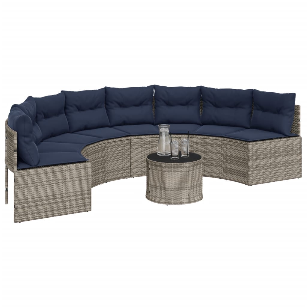 vidaXL Patio Sofa with Table and Cushions Half-Round Gray Poly Rattan-2