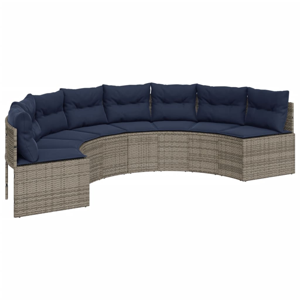 vidaXL Patio Sofa with Table and Cushions Half-Round Gray Poly Rattan-3