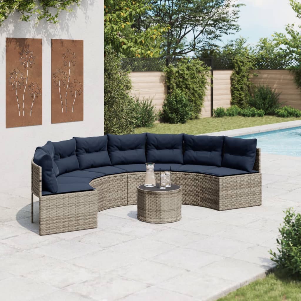 vidaXL Patio Sofa with Table and Cushions Half-Round Gray Poly Rattan-0