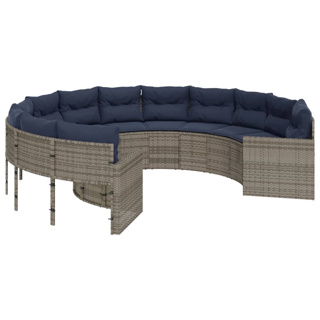 vidaXL Patio Sofa with Cushions Round Gray Poly Rattan-1