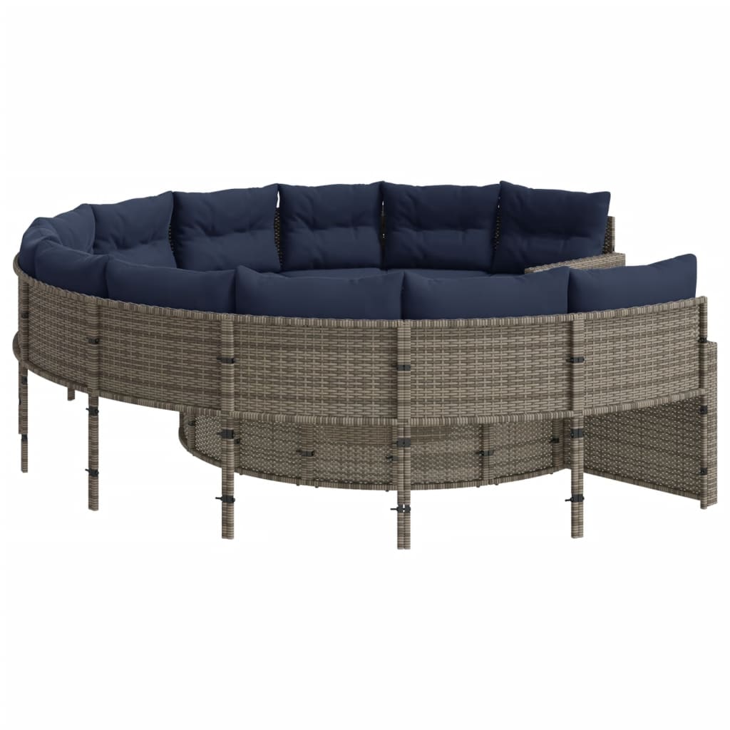 vidaXL Patio Sofa with Cushions Round Gray Poly Rattan-3