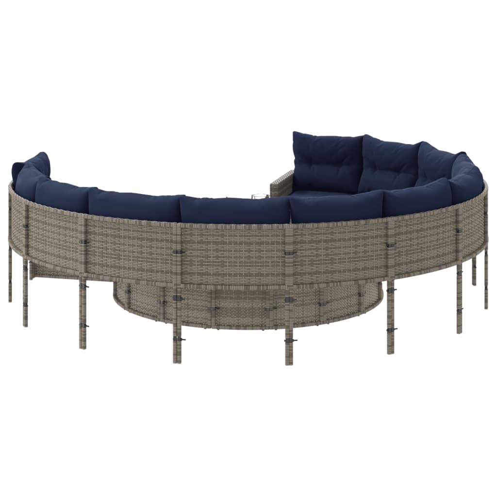 vidaXL Patio Sofa with Cushions Round Gray Poly Rattan-4