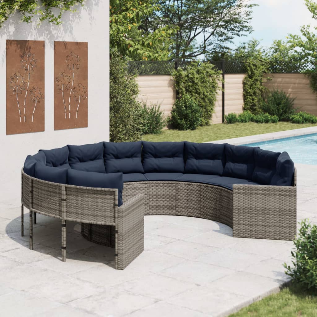 vidaXL Patio Sofa with Cushions Round Gray Poly Rattan-0