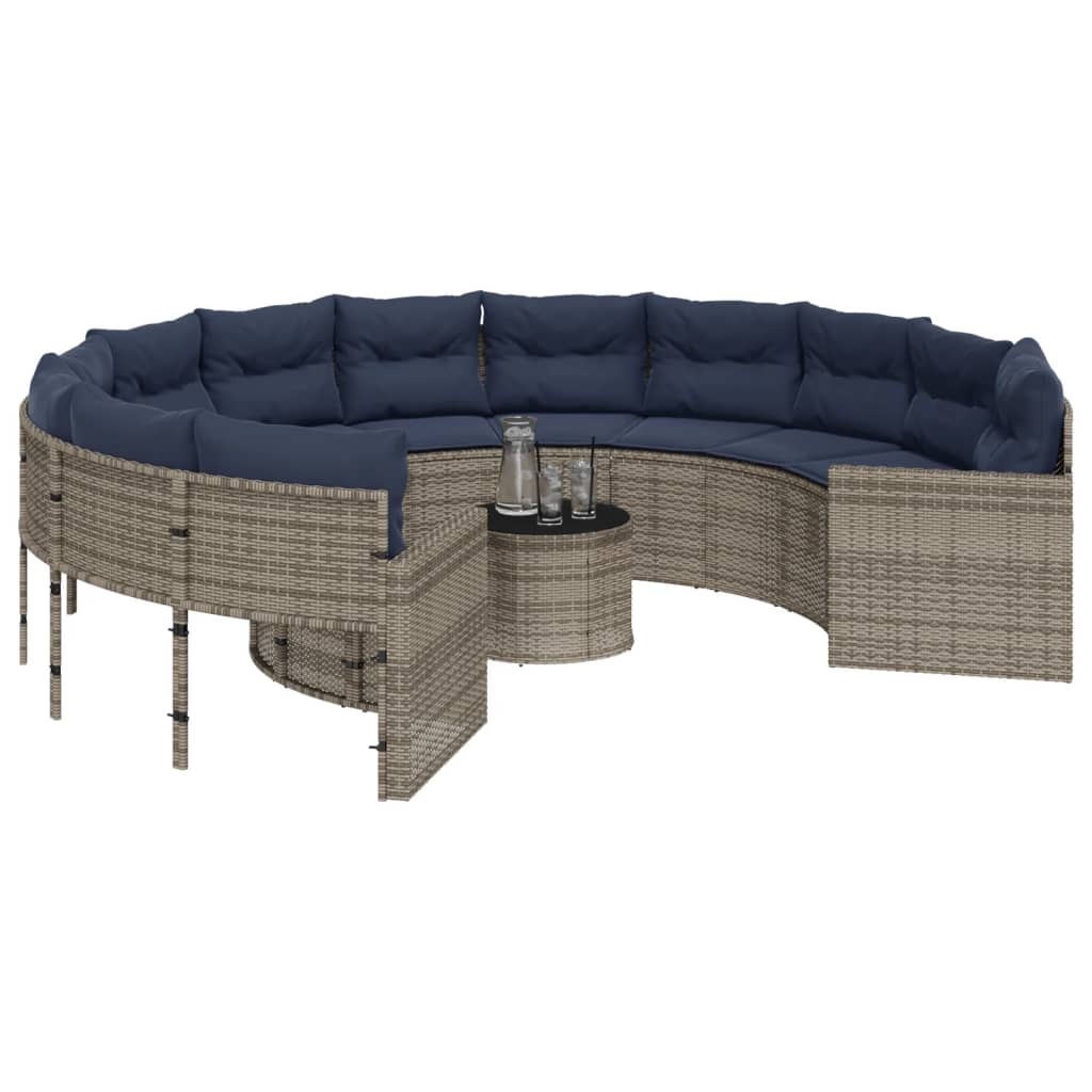 vidaXL Patio Sofa with Table and Cushions Round Gray Poly Rattan-2