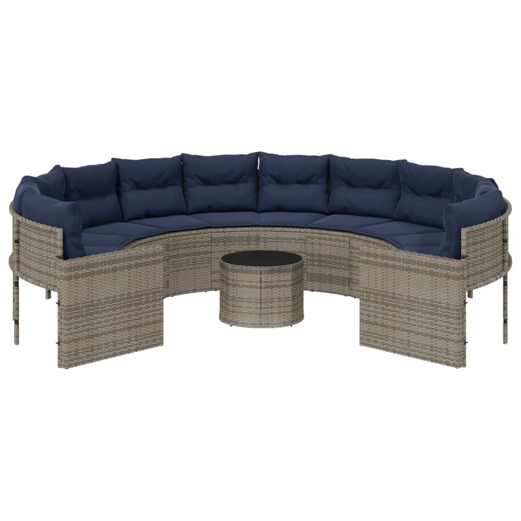 vidaXL Patio Sofa with Table and Cushions Round Gray Poly Rattan-3