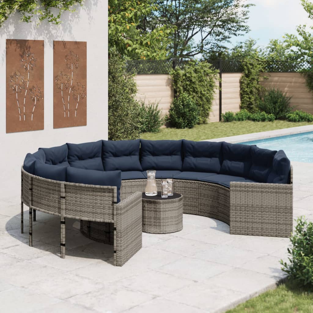 vidaXL Patio Sofa with Table and Cushions Round Gray Poly Rattan-0