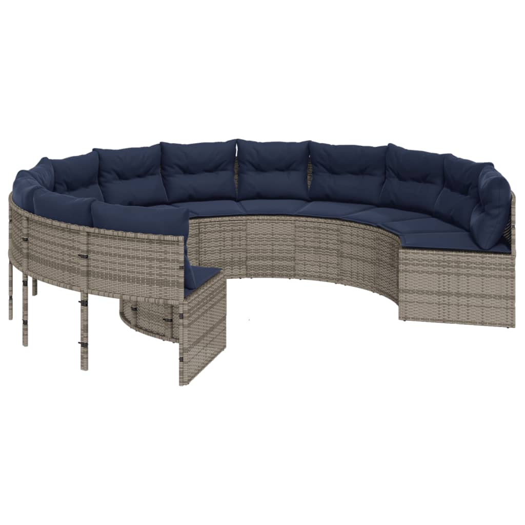 vidaXL Patio Sofa with Cushions Round Gray Poly Rattan-1