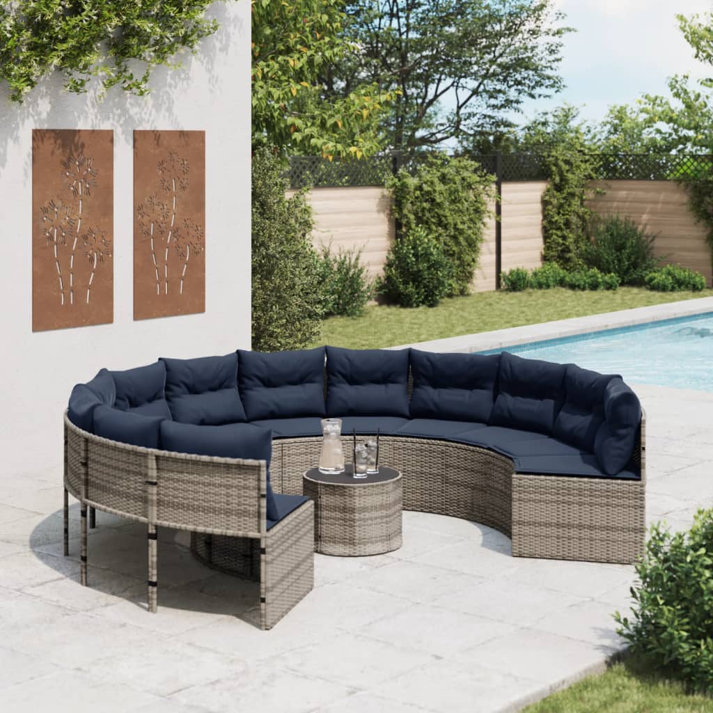 vidaXL Patio Sofa with Cushions Round Gray Poly Rattan-0