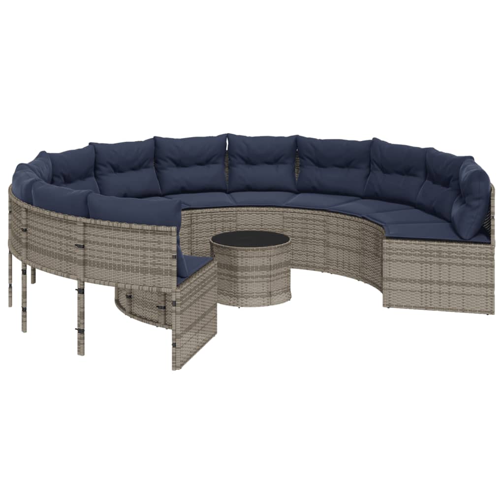 vidaXL Patio Sofa with Table and Cushions Round Gray Poly Rattan-1