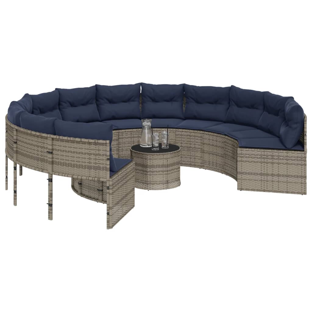 vidaXL Patio Sofa with Table and Cushions Round Gray Poly Rattan-2