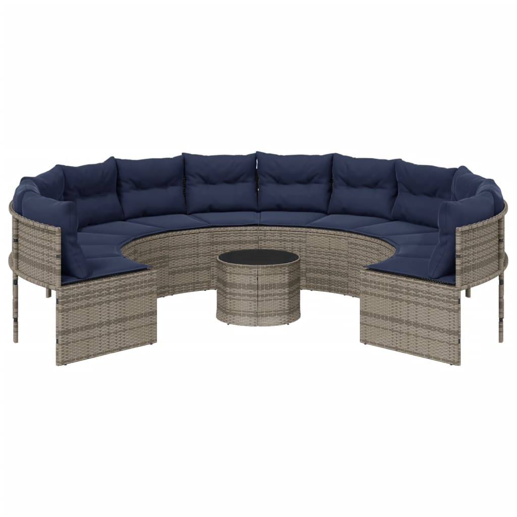 vidaXL Patio Sofa with Table and Cushions Round Gray Poly Rattan-3