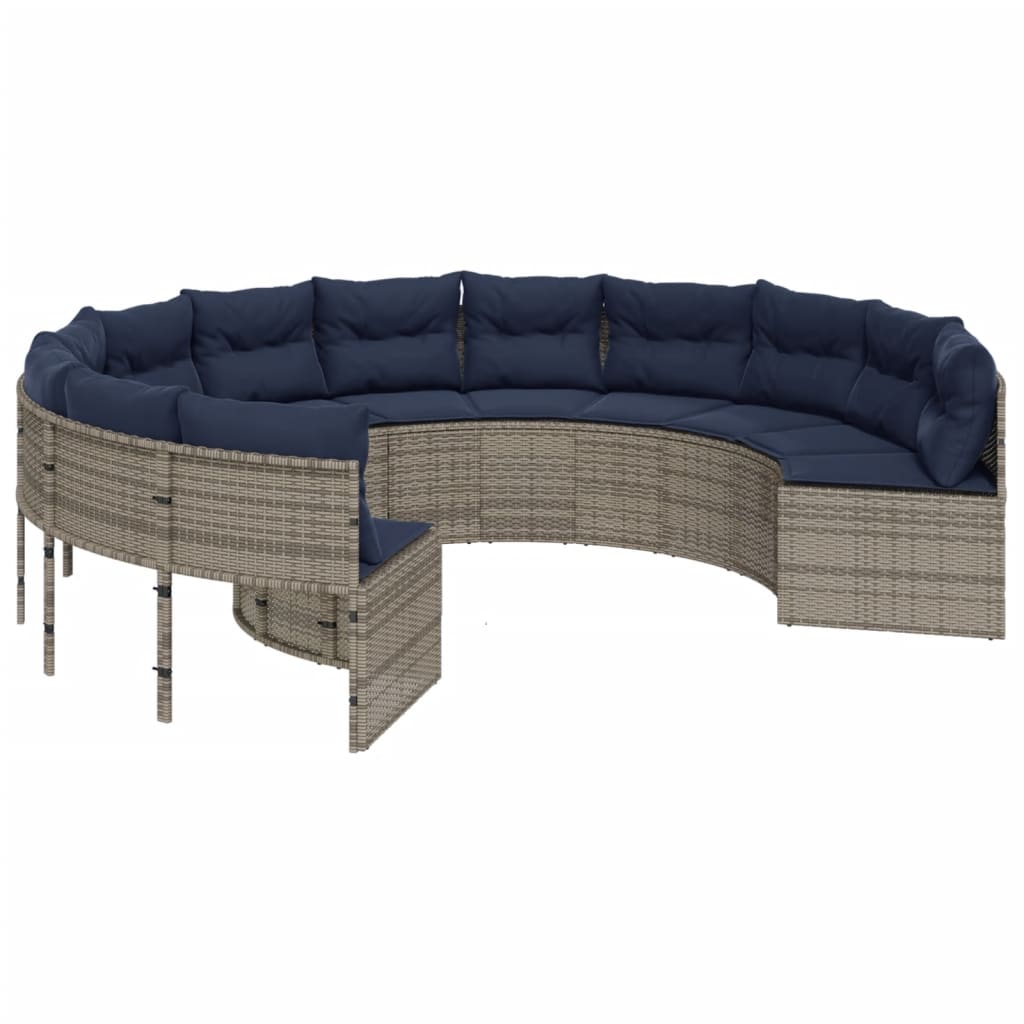 vidaXL Patio Sofa with Table and Cushions Round Gray Poly Rattan-4