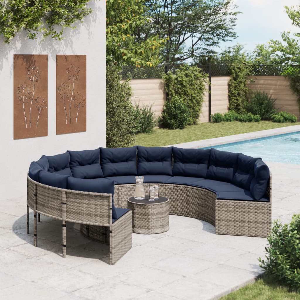 vidaXL Patio Sofa with Table and Cushions Round Gray Poly Rattan-0